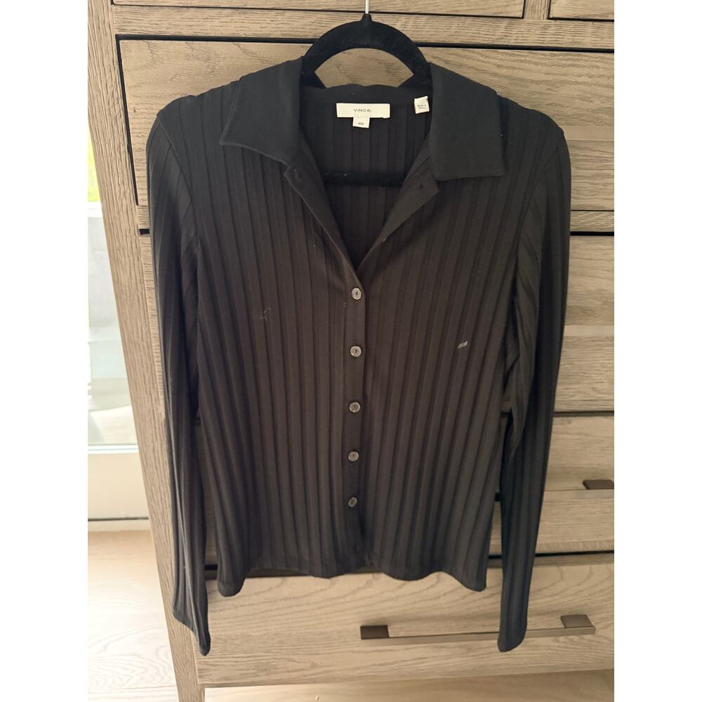 Vince Ribbed Collared Long-Sleeve Button-Front Top - Picture 2 of 7